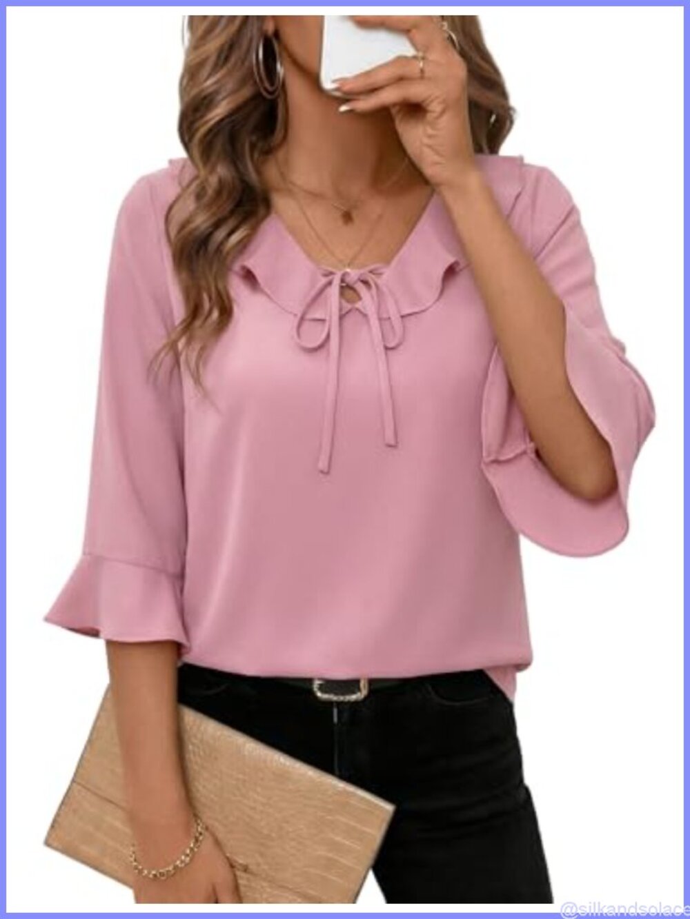 Womens Ruffle Trim 3/4 Sleeve V-Neck Chiffon Blouse Business Casual Top